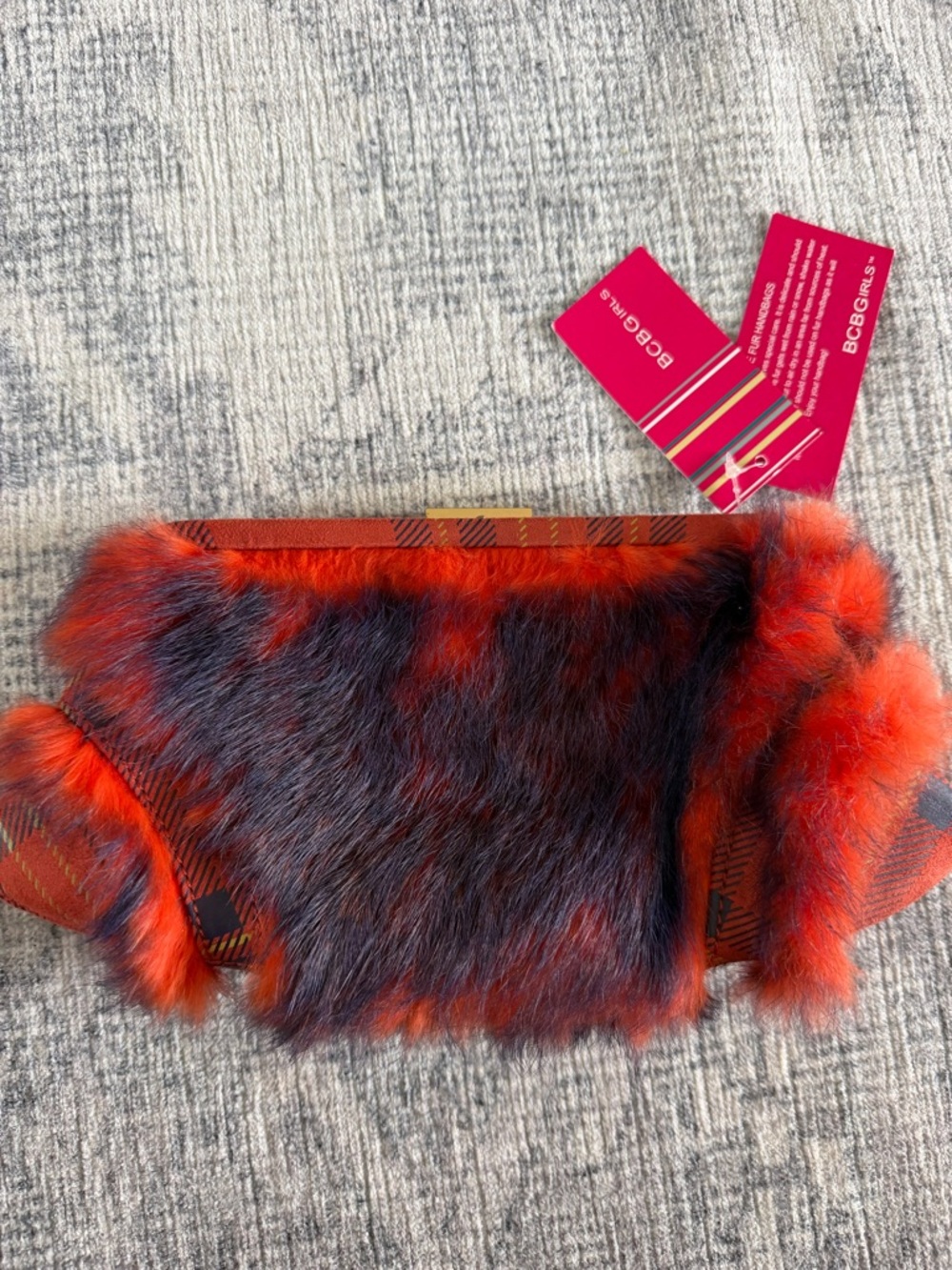 BCBG  Orange and Purple Plaid Genuine Fur Clutch
